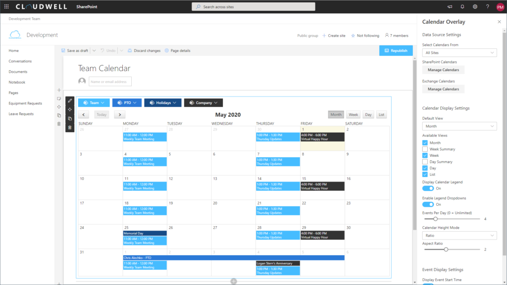 SharePoint Framework SPFx Calendar Overlay Cloudwell